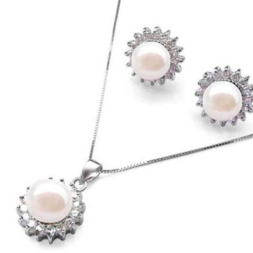 9-10mm AAA Genuine Pearl Necklace and Earrings Sterling Silver Set with Cz Diamonds