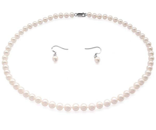 White Round 6-7mm Real Pearl Necklace and Earrings Set of 2 All in 925 Sterling Silver