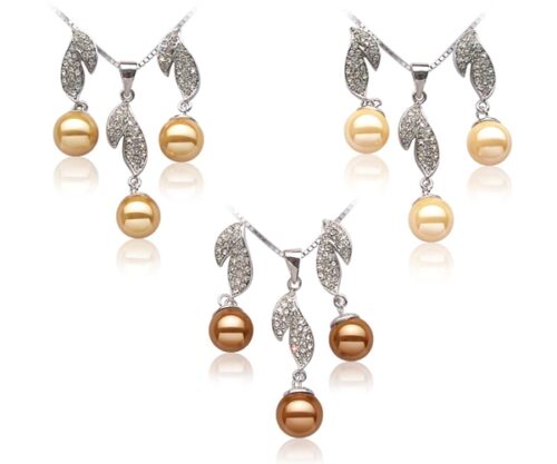 Gold, Champagne and Chocolate 10mm Southsea Shell Pearl Necklace and Earrings Sets, 18K White Gold Overlay