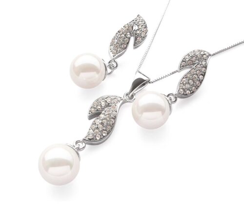 White 10mm Southsea Shell Pearl Necklace and Earrings Set, 18K White Gold Overlay