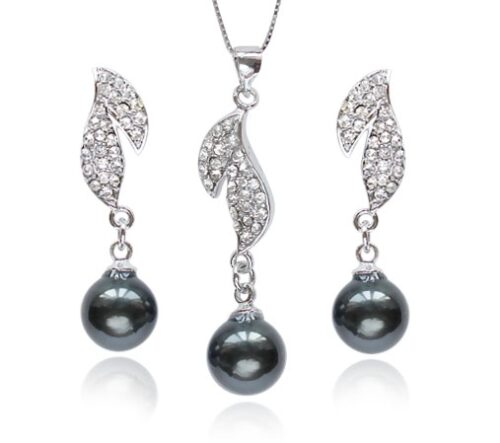 Black 10mm Southsea Shell Pearl Necklace and Earrings Set, 18K White Gold Overlay