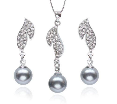 Grey 10mm Southsea Shell Pearl Necklace and Earrings Set, 18K White Gold Overlay