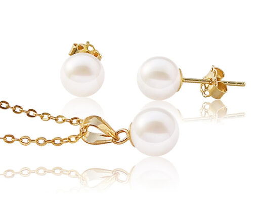 White 6-7mm Round Pearl Pendant and Earrings Set, 14K Yellow Gold