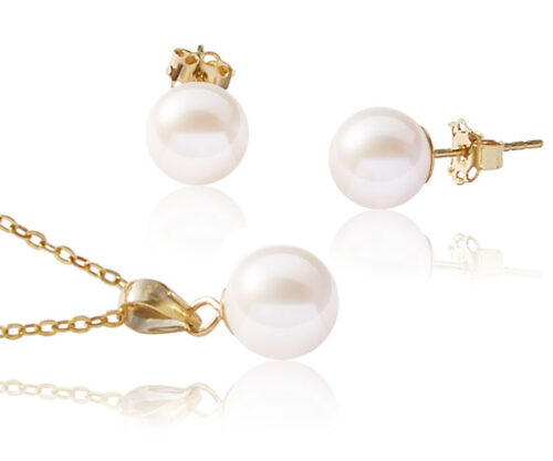 Add a Pearl Necklace and earrings set in 14k Yellow Gold