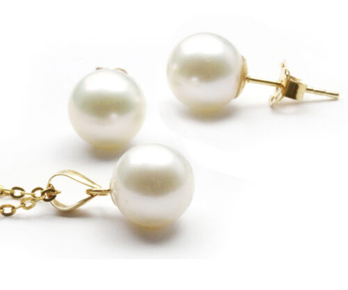 White 8-9mm Round Pearl Pendant and Earrings Set in 14K Yellow Gold