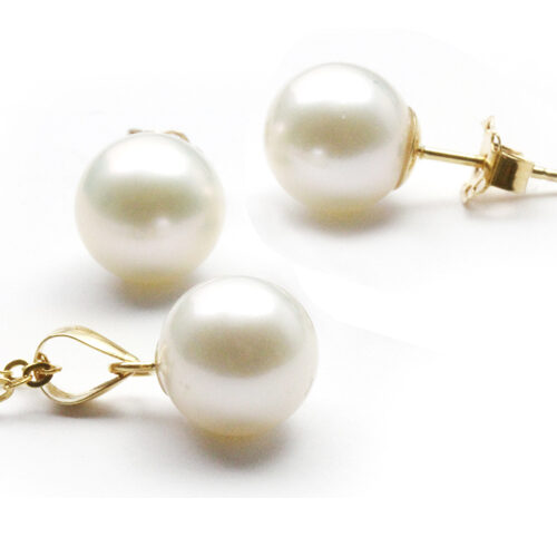 White 8-9mm Round Pearl Pendant and Earrings Set in 14K Yellow Gold
