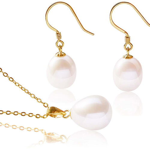 9-10mm AA+ Drop Pearl Earrings and Pendant Set in 14K Yellow Gold
