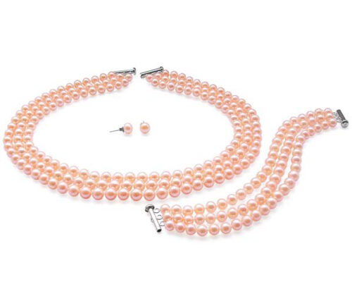 Jackie O Famous Look-a-like 3-row 7-8mm Pink Round Pearl Necklace Bracelet and stud Earrings Set