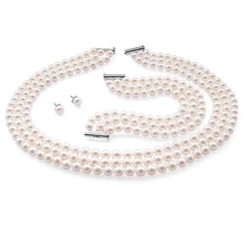 Jackie O Famous Look-a-like 3-row 7-8mm Round Pearl Necklace Bracelet and stud Earrings Set