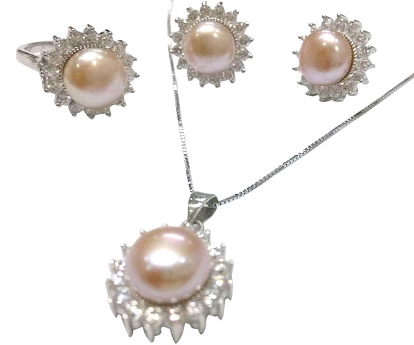 Mauve Pearl Necklace, Earrings and Ring Set of 3 in Silver