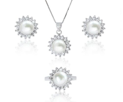 White 9-10mm Pearl Necklace, Earrings and Ring Set in Silver, 16in Sterling Silver Chain