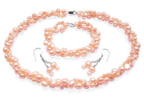 Pink 4-5mm and 7-8mm Baroque Pearl Necklace, Bracelet and Earrings Set of 3, 925 Sterling Silver