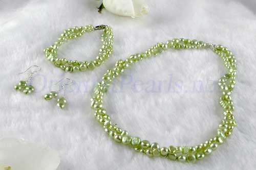 Olive Green 4-5mm and 7-8mm Baroque Pearl Necklace, Bracelet and Earrings Set of 3, 925 Sterling Silver