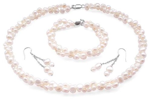 White 4-5mm and 7-8mm Baroque Pearl Necklace, Bracelet and Earrings Set of 3, 925 Sterling Silver