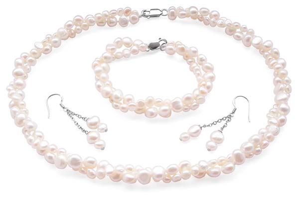 White 4-5mm and 7-8mm Baroque Pearl Necklace, Bracelet and Earrings Set of 3, 925 Sterling Silver