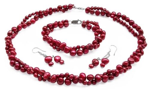 Cranberry 4-5mm and 7-8mm Baroque Pearl Necklace, Bracelet and Earrings Set of 3, 925 Sterling Silver