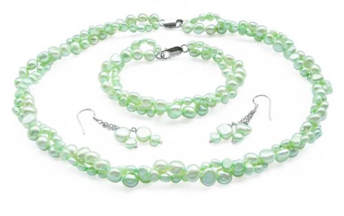 Light Green 4-5mm and 7-8mm Baroque Pearl Necklace, Bracelet and Earrings Set of 3, 925 Sterling Silver