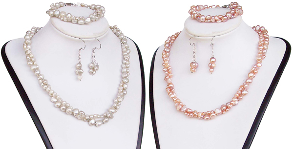 White and Pink 4-5mm and 7-8mm Baroque Pearl Necklace, Bracelet and Earrings Sets of 3, 925 Sterling Silver