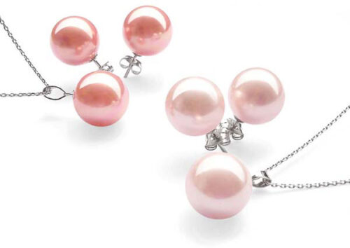 Rose Pink and Pale Pink 8mm Southsea ShellPearl Necklaces and Earrings Sterling Silver Sets
