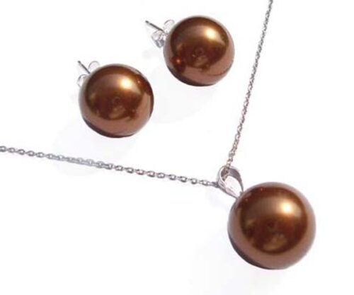 South Sea Shell Chocolate Pearl Necklace and Earrings Sterling Silver Sets