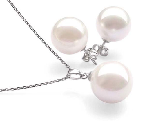 White Southsea Shell Pearl Necklace and Earrings Sterling Silver Set