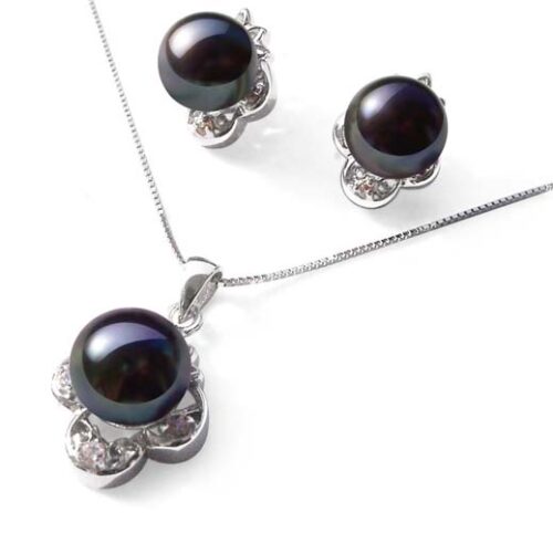 Black High AAA Quality Pearl Necklace and Earrings Sterling Silver Set