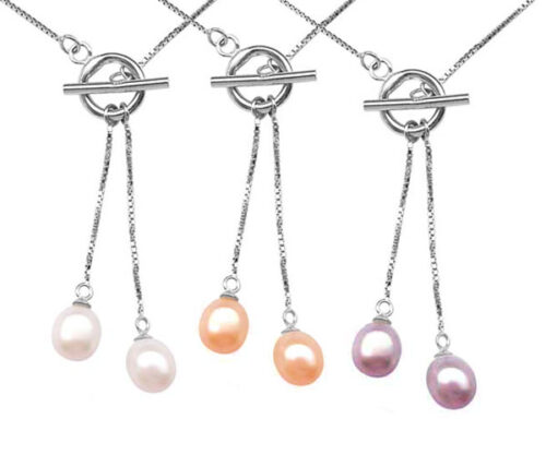 White, Pink and Mauve Dangling Drop Pearl Pendants in 925 Sterling Silver with Toggle Clasps