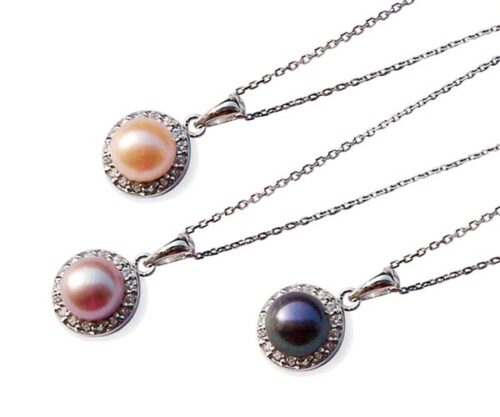 Pink, Mauve and Black 7-8mm Cultured Pearl Pendants in 925 Sterling Silver Settings, 16in Silver Chains