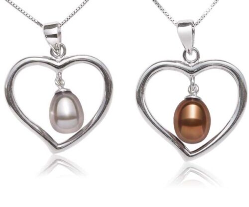 Grey and Chocolate Large Heart Shaped Silver Pearl Pendants with Silver Necklaces, 925 Sterling Silver