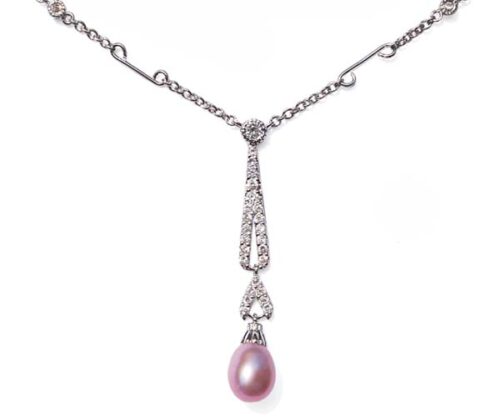 Mauve 7-8mm Tear Drop Sterling Silver Necklace in CZ Diamonds, 16inch Chain