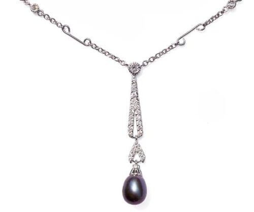 Black 7-8mm Tear Drop Sterling Silver Necklace in CZ Diamonds, 16inch Chain