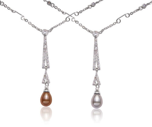 Chocolate and Grey 7-8mm Tear Drop Sterling Silver Necklaces in CZ Diamonds, 16inch Chains