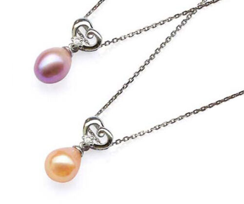Pink and Mauve 7-8mm Genuine Drop Pearl Silver Pendants with Heart Bail