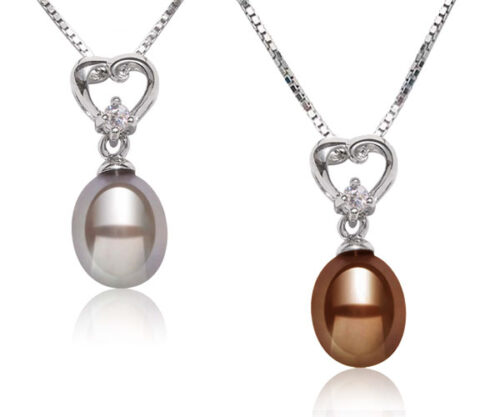 Grey and Chocolate 7-8mm Genuine Drop Pearl Silver Pendants with Heart Bail