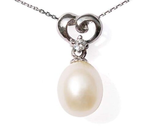 White 7-8mm Genuine Drop Pearl Silver Pendant with Heart Bail