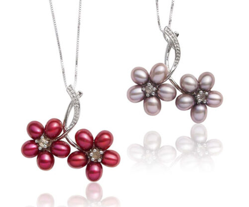 Cranberry and Grey 5-6mm Twin Flower Cluster Pearl Pendants, Free 16inch Sterling Silver Chains