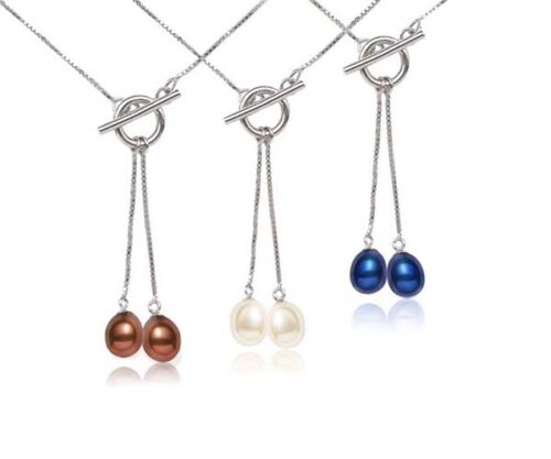 Chocolate, White and Navy Blue 18K White Gold overlay Dangling Drop Pearl Pendants with Toggle Clasps