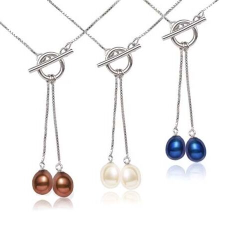 Chocolate, White and Navy Blue 18K White Gold overlay Dangling Drop Pearl Pendants with Toggle Clasps