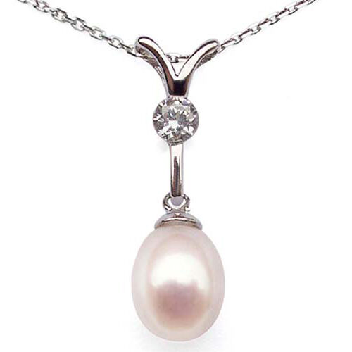 White 7-8mm Y Design Cultured Tear Drop Pearl Silver Pendant, 16in Silver Chain
