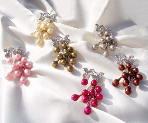 Baby Pink, Champagne, Dark Golden Rod, Cranberry, Grey and Chocolate 5-6mm Clustered 10 Pearl 16in Sterling Silver Necklaces
