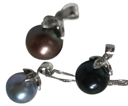 10-11mm Round Pearl Pendants 925 Sterling Silver in Black, Chocolate and Blue colors