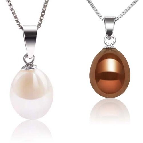 White and Chocolate 8-9mm Teardrop Pearl Silver Pendants