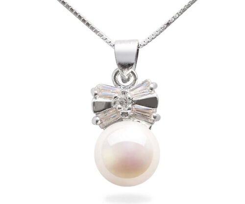 White 7-8mm Pearl 925 Sterling Silver Pendant in Bowknot Design
