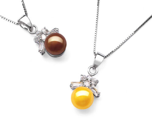 Chocolate and Gold 7-8mm Pearl 925 Sterling Silver Pendants in Bowknot Design