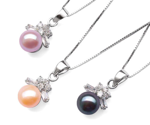 Mauve, Pink and Black 7-8mm Pearl 925 Sterling Silver Pendants in Bowknot Design
