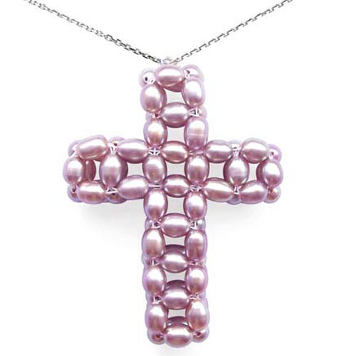 Rice Mauve Pearls Large Cross Pendant, 925 Sterling Silver Chain Included