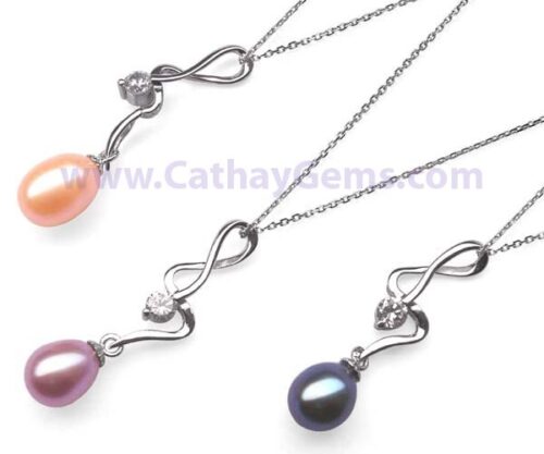 Mauve, Pink and Black 7-8mm Teardrop Pearl Silver Pendants with a Round Cz