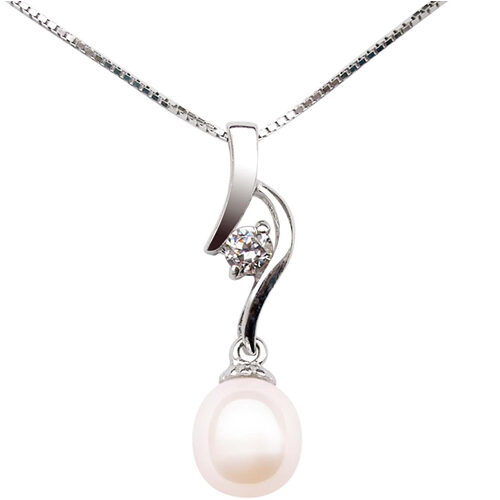 White Genuine 7-8mm Drop Pearl Pendant, 16inch Chain