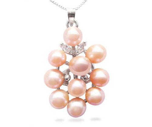 Flower Shaped Cluster Pink Pearl Pendant with Free Sterling Silver Chain