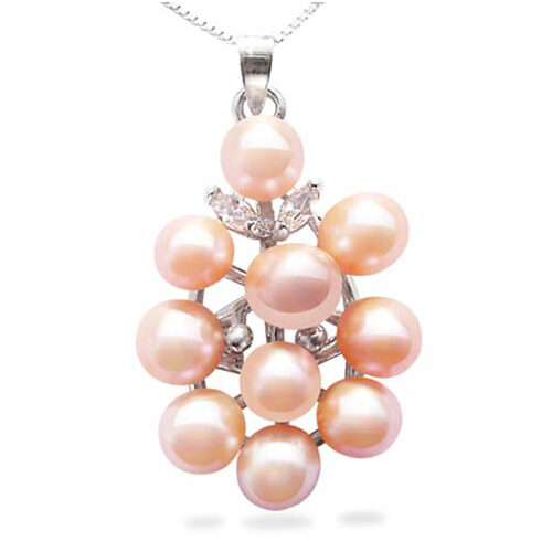 Flower Shaped Cluster Pink Pearl Pendant with Free Sterling Silver Chain
